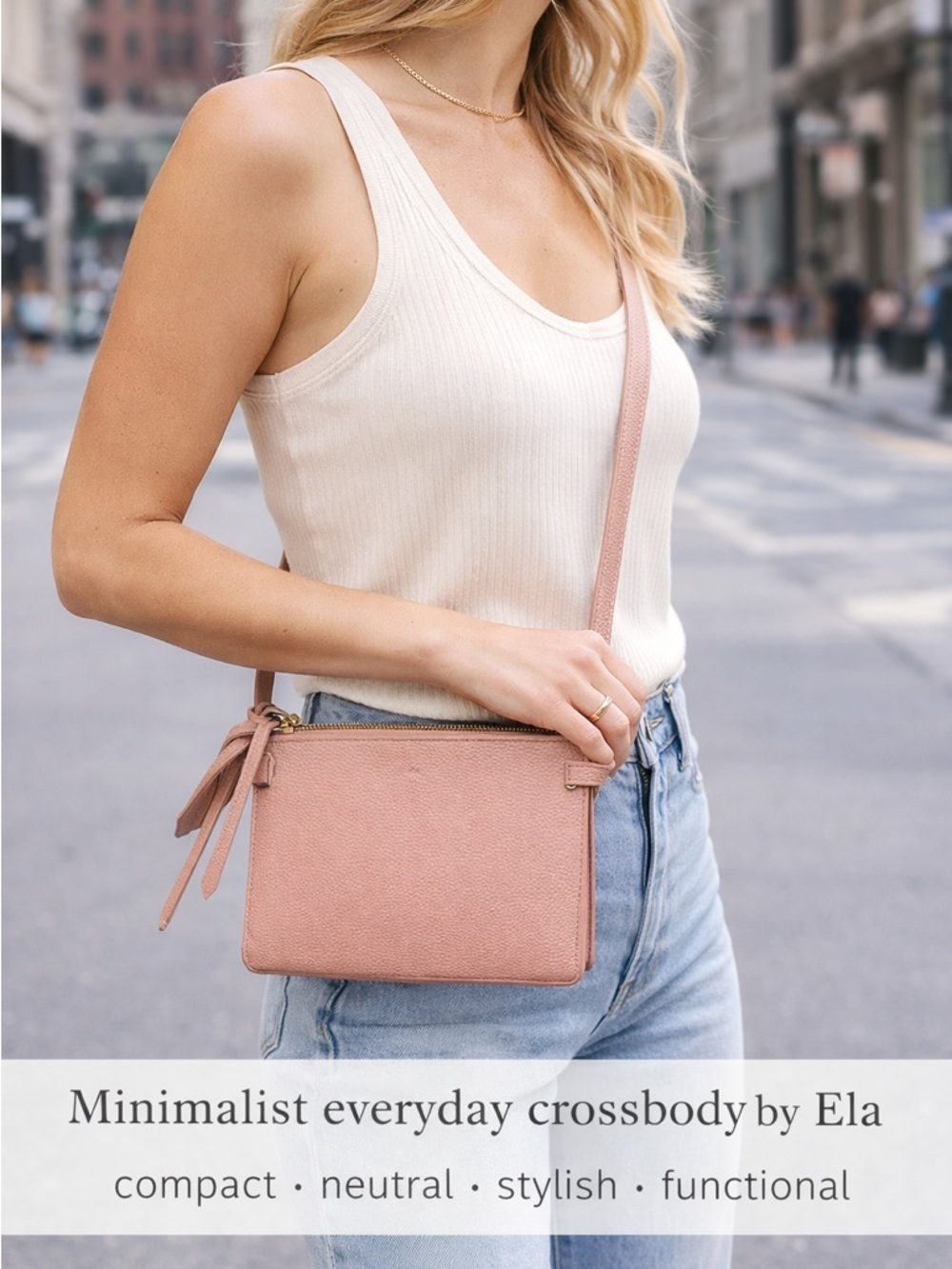 Travel Friendly Ela minimalist crossbody blush pebbled leather double zip bag